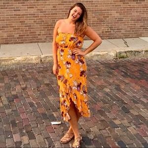 Yellow floral high/low strapless sundress